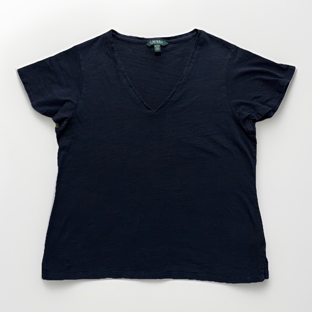Lauren Polo Ralph Navy Blue V-Neck T-Shirt XL Preppy Cotton Womens Casual Top
